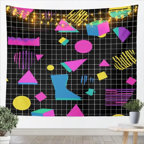 Vista 20 de Tapiz retro de los años 80 y 90, tamaño pequeño de 51 x 59, tapices geométricos abstractos urbanos modernos y colgantes de pared triangulares, arte