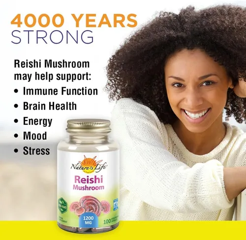 Vista 3 de Nature's Life Hongo Reishi 1200 mg Función inmune saludable, suplemento de energía y apoyo del estado de ánimo Sin OMG y verificado