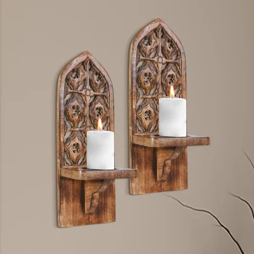 Vista 9 de Juego de 2 apliques de velas rústicos para montaje en pared - Portavelas de pilar de estante flotante de madera, decoración de pared de granja