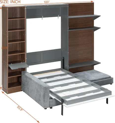 Vista 4 de Twin Murphy Wall Bed with Sofa, Mountain Print & USB Charging Gray Sofa1