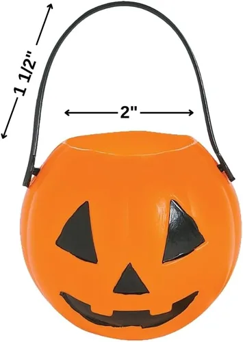 Vista 3 de Mini canastas con forma de calabaza (12 unidades), 2 pulgadas de diámetro Con una manija de 1 1/2 pulgadas. Plástico.