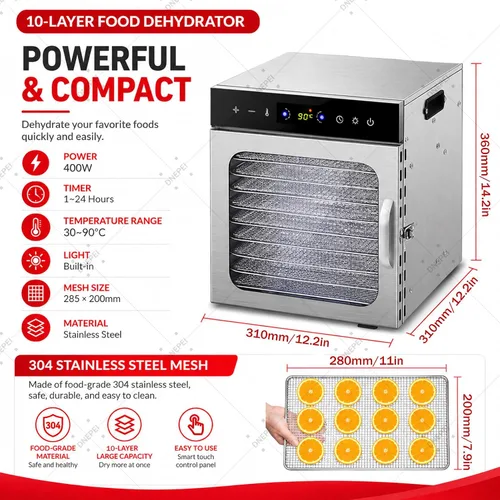 Vista 2 de Food Dehydrator Machine 6-18 Stainless Steel Trays Meat Dehydrator 10Trays