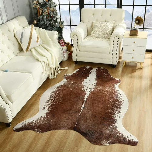 Vista 25 de Easycozy Alfombra de piel de vaca sintética con gran estampado de vaca, 3 x 4 pies, alfombra gruesa y elástica para dormitorio, sala de estar