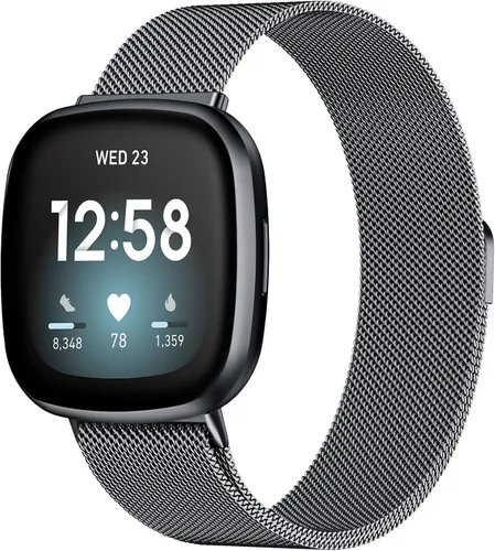 Vista 10 de Compatible con Correas Fitbit Sense Versa 4 Sense 2 y Versa 3 para Hombres Mujeres, Correa de Reemplazo de Malla Metálica Transpirable de Acero Negro