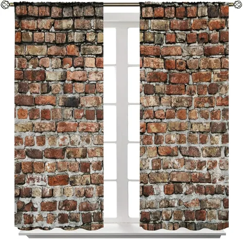 Vista 8 de Cortinas opacas para pared de ladrillo, rústicas, para pared de ladrillo, naranja y rojo, impresión artística para sala de estar, dormitorio