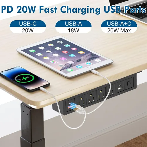 Vista 3 de Regleta de alimentación 8 en 1 para debajo del escritorio con interruptor, 4 tomas, 4 USB, cable de 6 pies, 14 AWG USB C de 20 W, 18 W USB A