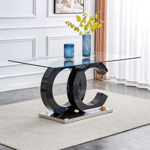 Vista 8 de Ebullient Mesa de comedor de vidrio de 63 pulgadas, mesa de cocina rectangular de vidrio con base de diseño OC negro, mesa de comedor con parte