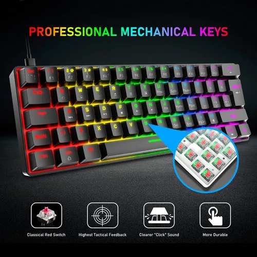 Vista 4 de Combo de teclado y mouse mecánicos con cable al 60%, mini 62 teclas ultracompactas, efectos retroiluminados de arco iris tipo C Chroma 20