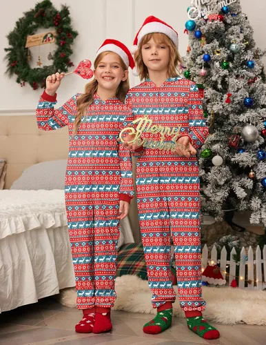 Vista 4 de Ekouaer Pijamas de Navidad para la familia, con capucha, de cuernos de alce, de manga larga, cómoda, para descansar