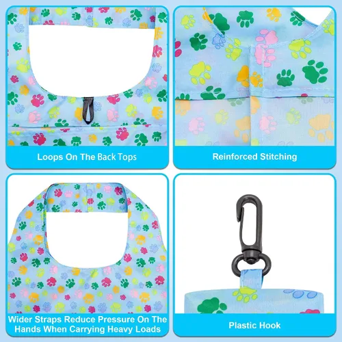 Vista 4 de HOLYLUCK Bolsas de comestibles reutilizables, bolsa de compras plegable resistente (estándar, 3 huellas de patas de perro azules)