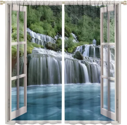 Vista 74 de Cortina opaca de bosque de verano, diseño de ramas de bosque, con bolsillo para barra, cortinas farbic con bolsillo para barra, comedor, cafetería