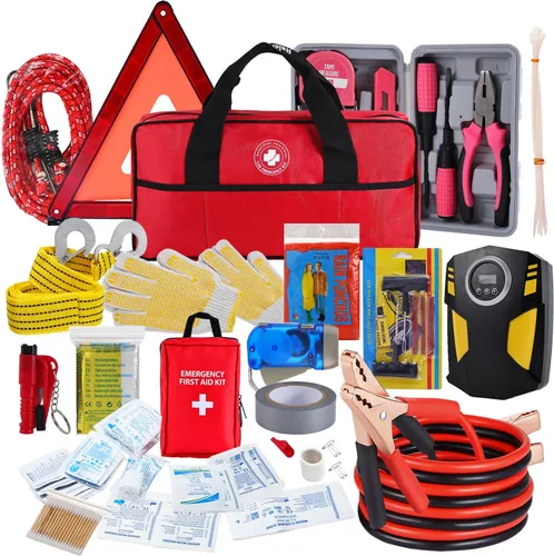 Vista 6 de Kit de emergencia todo en uno para automóvil con inflador digital de neumáticos, cables de puente, correa de remolque, triángulo reflectante, kit