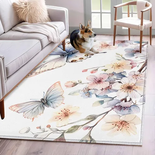 Vista 10 de Small Area Rugs 2x3 Ft, Spring Flowers Non-Slip Area Rugs for Living Room Bedroom Entryway, Watercolor Botanical Floral Butterfly Washable Carpet