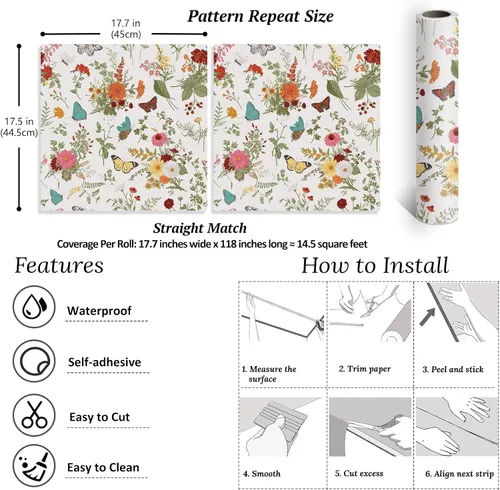 Vista 8 de VEELIKE Papel tapiz de 17.7 x 118 pulgadas con diseño de mariposas y caléndulas florales, para dormitorio, baño, guardería, papel de contacto floral
