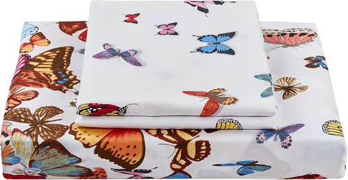 Vista 4 de Juego de funda de edredón de 3 piezas con estampado de mariposas, fondo blanco (mariposa, Queen)