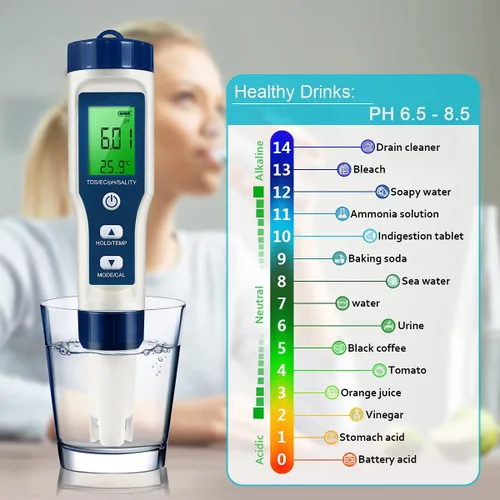 Vista 4 de Medidor TDS 5 en 1, medidor de pH digital de alta precisión 0.01 para agua, probador de PH/TDS/EC/sal/temperatura, medidor PPM para agua potable