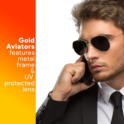 Vista 5 de Skeleteen Gafas de sol de aviador negras y doradas, estilo militar, gafas de sol oscuras con marco de metal dorado y protección UV 400, Dorado, Negro