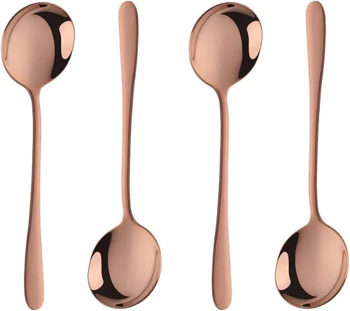 Vista 9 de Cucharas redondas de acero inoxidable para caldo, cuchara de sopa de acero inoxidable dorado, grande, juego de cucharas de cuenco profundo pesadas