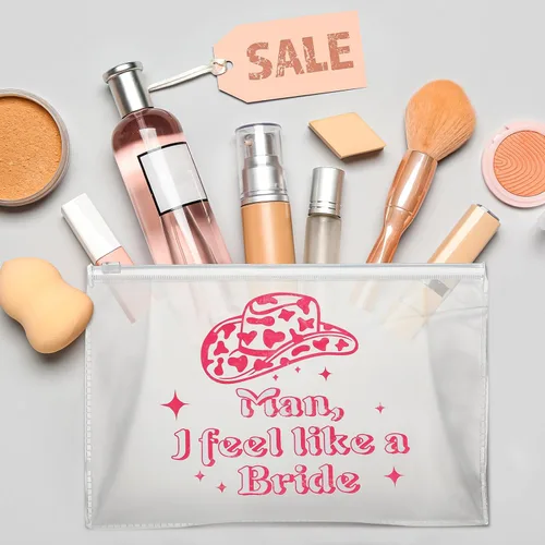 Vista 6 de Layhit 8 bolsas de maquillaje de despedida de soltera de color rosa con texto en inglés "Let's Go", suministros de decoración para niñas, retro