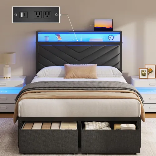 Vista 10 de Fluest Base de cama Queen con 2 cajones, cabecera tapizada con estación de almacenamiento y carga, luces LED, cajones de tela con ruedas, Gris
