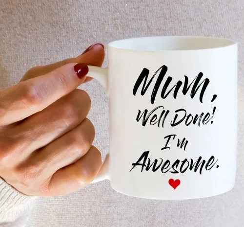 Vista 6 de Retreez - Taza divertida con texto en inglés "Mum Well Done I'm Awesome", 325 ml, tazas de café de cerámica, mensaje divertido, sarcástico