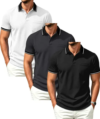 Vista 17 de GEEK LIGHTING Paquete de 3 camisas polo de manga corta con bolsillo para Negro Gris Armygreen
