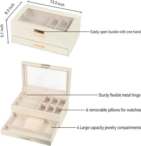 Vista 3 de LANDICI Caja de reloj para hombres y mujeres, 2 capas de piel sintética, organizador de relojes, caja de almacenamiento grande, caja de joyería