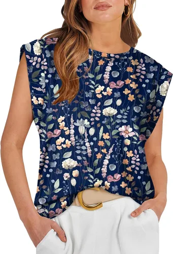 Vista 7 de WIHOLL Camisetas de mangas casquillo para mujer, camisetas básicas de verano, camisetas informales sin mangas, ajuste holgado, a la moda D - Raya