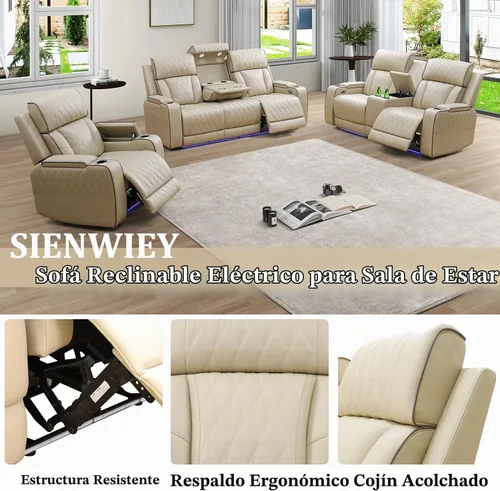 Vista 5 de Juego de sofá modular reclinable eléctrico con luz LED, juego de sofá modular reclinable de cuero, incluye sillón reclinable individual, juego