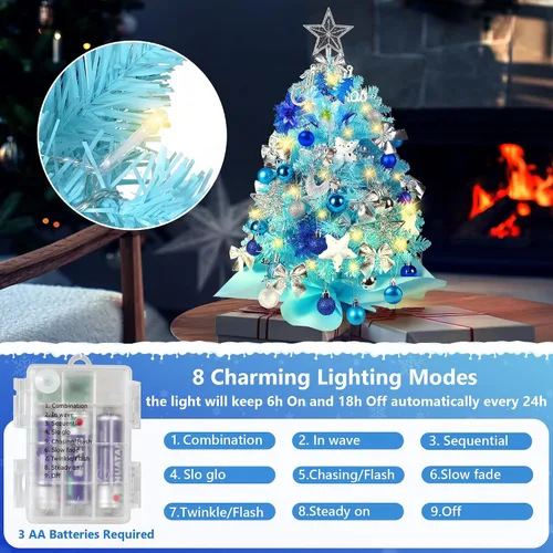 Vista 4 de Árbol de Navidad Mini de 2 pies, árboles de Navidad pequeños de mesa con 60 luces LED, 100 ramas realistas y 66 adornos, árbol de Navidad