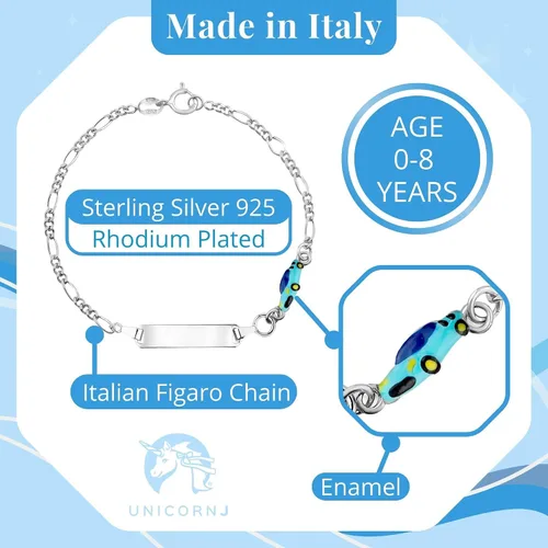 Vista 3 de UNICORNJ 925 Italy Sterling Silver Child or Baby Name Bracelet Girls Boys, Personalized Engraved Kids ID Bracelets, 6.5" Figaro Chain, Enamel Charm