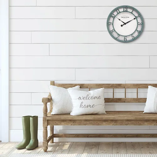 Vista 4 de Presentime & Co - Reloj de pared serie Farmhouse de 10 pulgadas, estilo Shiplap, silencioso, sin ticks, número arábigo 3D elevado, acabado verde