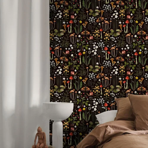 Vista 5 de Papel de contacto Boho negro de despegar y pegar con diseño de setas/caracoles/flores silvestres/mariposas, papel pintado extraíble decorativo