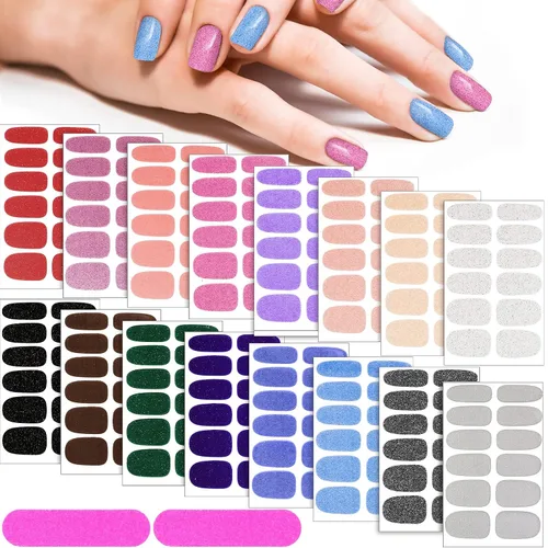 Vista 8 de Maitys 192 piezas de 16 hojas de esmalte de uñas con purpurina, tiras autoadhesivas de brillo de color sólido, calcomanías de envoltura completa