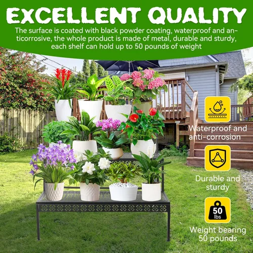 Vista 4 de Soporte de metal para plantas de 3 niveles, soporte para macetas de flores, soporte para plantas escalonadas, organizador de almacenamiento al aire