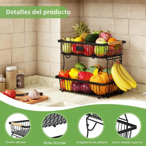 Vista 5 de Cesta de frutas de 2 niveles para encimera de cocina con 2 ganchos para plátanos, cesta de pan de metal para encimera con mango de madera, soporte