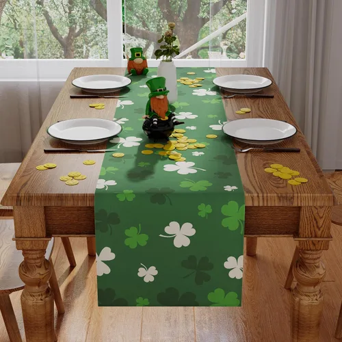 Vista 2 de Siilues Camino de mesa del día de San Patricio, decoraciones del día de San Patricio, trébol verde, decoración de mesa de primavera para fiesta