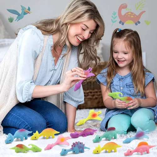 Vista 2 de 20 Piezas Juguetes de Dedo de Dinosaurio con Tirachinas, Juguetes de Halloween Regalos de Fiesta para Niños Goma Pegajosa Dino Catapulta Voladora
