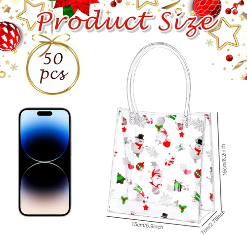 Vista 2 de Silkfly 50 bolsas de regalo transparentes de Navidad con asa, de plástico, reutilizables, de PVC, para compras, bodas, fiestas de cumpleaños