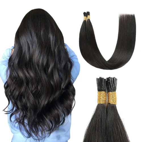 Vista 19 de Sunya - Extensiones de cabello humano con punta en I de 14 pulgadas, color negro azabache, extensiones de cabello humano con punta en I, extensiones