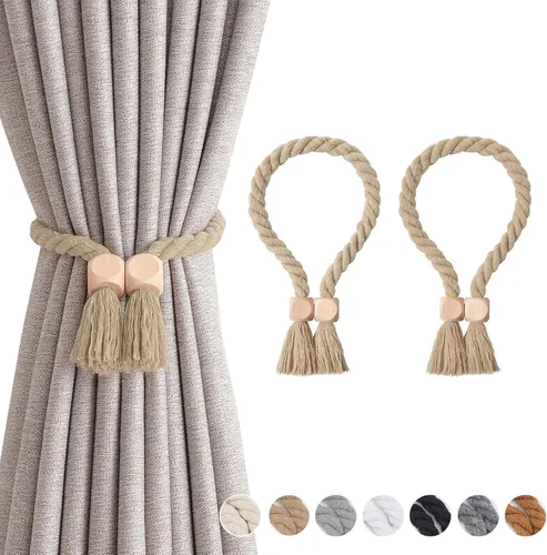 Vista 11 de NICEEC 2 Pack de Alzapaños Magnéticos de Madera en Forma de Cubo Boho para Decoración del Hogar, Alzapaños de Lino Tejidos a Mano para Cortinas Beige