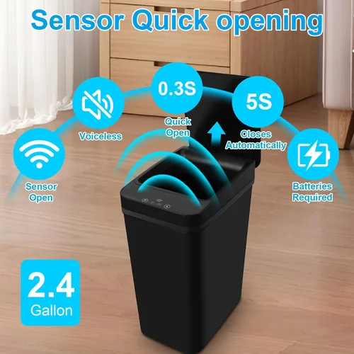 Vista 5 de Basurero de baño, basurero inteligente sin contacto, cubo de basura automático con sensor de movimiento con tapa, cubo de basura de 2.4 galones