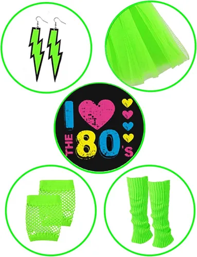 Vista 3 de Colorful House Conjunto de accesorios de disfraz de los años 80 camiseta tutú con diadema aretes collar calentadores de piernas guantes de radio