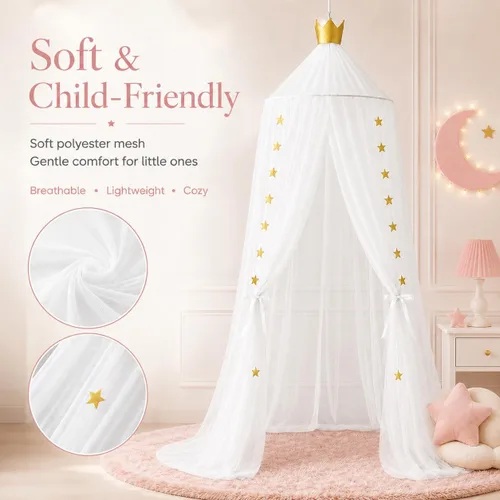 Vista 8 de Toldo de cama para niñas, suave, lavable y fácil de instalar, toldo para cuna para habitación de niñas con decoración de estrellas, toldo de cama