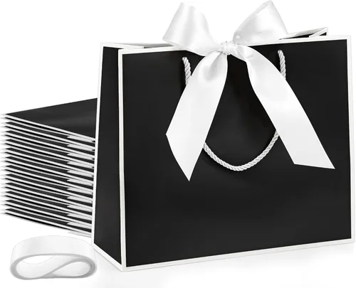 Vista 12 de Silkfly 12 bolsas de regalo con asas para dama de honor, 12 x 10 x 4 pulgadas, elegantes bolsas de regalo de bienvenida de boda con lazo para Negro