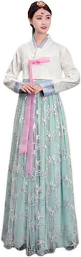 Vista 5 de Vestido Hanbok coreano tradicional coreano, ropa tradicional coreana, trajes nacionales coreanos Azul y verde