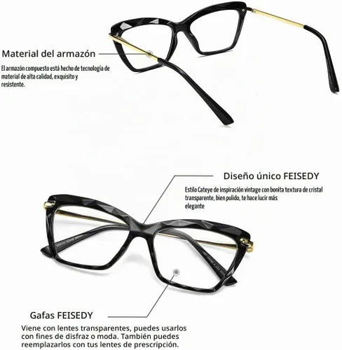 Vista 4 de FEISEDY Gafas de ojo de gato Marco Lentes transparentes Gafas ligeras para mujer B2440 Negro