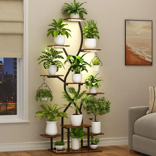 Vista 2 de Soporte para plantas de interior de 63 pulgadas con luces de crecimiento, estante para plantas de interior de 10 niveles, estante de plantas