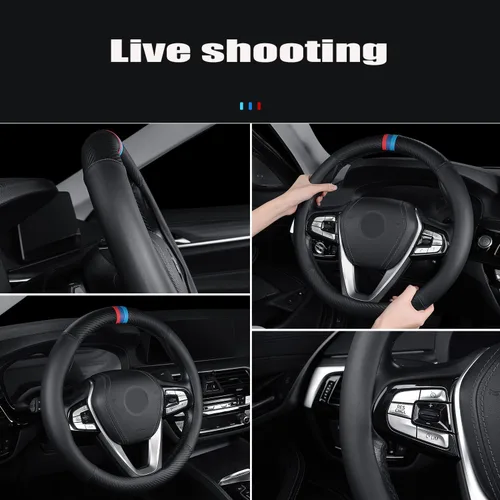 Vista 3 de Funda de volante de fibra de carbono para automóvil, cuero deportivo, antideslizante, universal, volante de 15 pulgadas