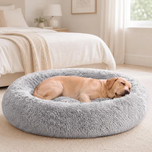 Vista 10 de Sweetcrispy Cama grande para perros para interiores, cama calmante en forma Marrón
